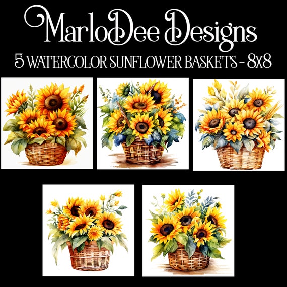 Basket of Sunflowers Backgrounds, Country, Summer Season, Autumn Season, Fall Season, Sublimation, Watercolor Style Backgrounds, 8x8