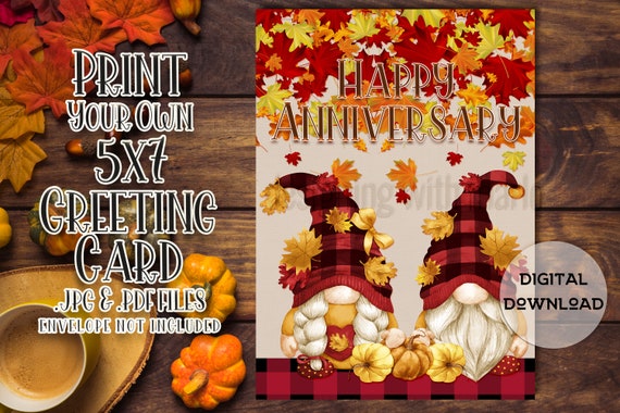 Happy Anniversary Card - Autumn Gnome Couple - Autumn Gnome Card Printable - 5"x7" Anniversary Greeting Card Printable - Autumn Card Digital