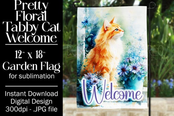 Tabby Cat Garden Flag Sublimation Design, 12x18 Garden Flag, Gift for Cat Lover, Sublimation Design,  Floral Cat Garden Flag, Orange Cat f3