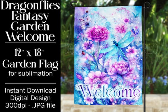 Dragonflies Garden Flag Sublimation Design, 12x18 Garden Flag, Gift for Gardener, Sublimation Garden Flag,  Floral Fantasy Garden Flag