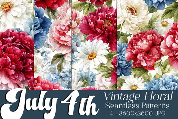 July 4th Seamless Patterns, July 4th Patterns, Vintage Floral Patterns, July 4th Flowers, 4th of July Flowers, Vintage Seamless Patterns