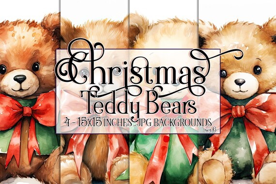 Christmas Bear Watercolor 15x15 Backgrounds, Christmas Teddy Bear, Brown Teddy Bear, Holiday Bear, Red Green, Christmas Sublimation