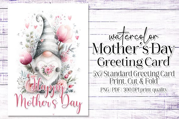 Happy Mother's Day Card - Card for Mom - Mother's Day Printable - 5"x7" - Greeting Card Printable - Watercolor Gnome Printable Card