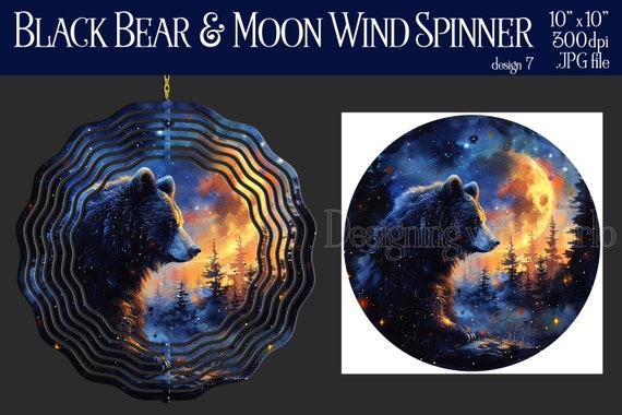 Black Bear Wind Spinner Sublimation | Black Bear & Moon Wind Spinner | Digital Design Wind Spinner | Sublimation Wind Spinner | Bear Spinner