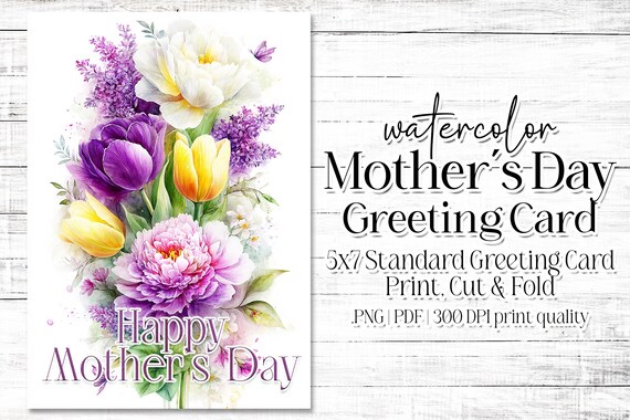 Happy Mother's Day Card - Card for Mom - Mother's Day Printable - 5"x7" - Greeting Card Printable - Watercolor Floral Printable Card
