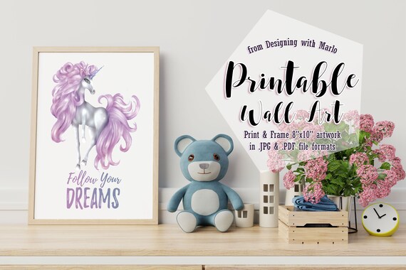 Follow Your Dreams - Purple & White Unicorn Printable Poster - Unicorn Poster - Unicorn Wall Art - Purple Unicorn