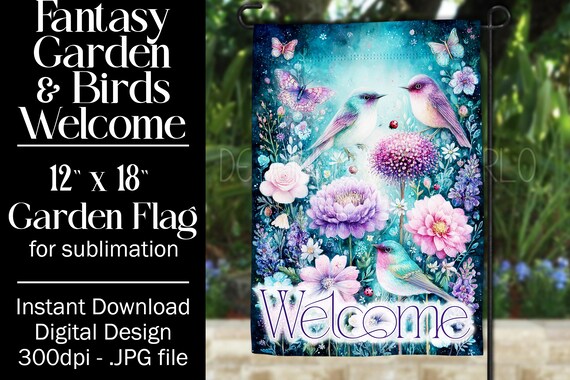 Fantasy Floral Garden Flag Sublimation Design - 12x18 Garden Flag - Gift for Gardener - Sublimation Design Garden Flag, Bird Garden Flag, 11