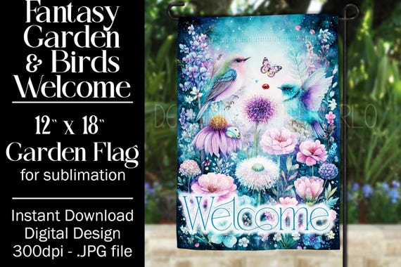 Fantasy Floral Garden Flag Sublimation Design - 12x18 Garden Flag - Gift for Gardener - Sublimation Design Garden Flag, Bird Garden Flag, 9