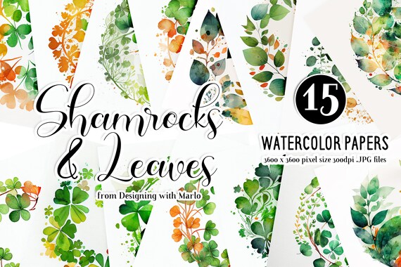 St Patrick's Day Shamrock & Leaf Wreaths Watercolor Scrapbook Papers, Watercolor Papers, Irish Papers, Irish Colors, Irish Scrapbook Paper,