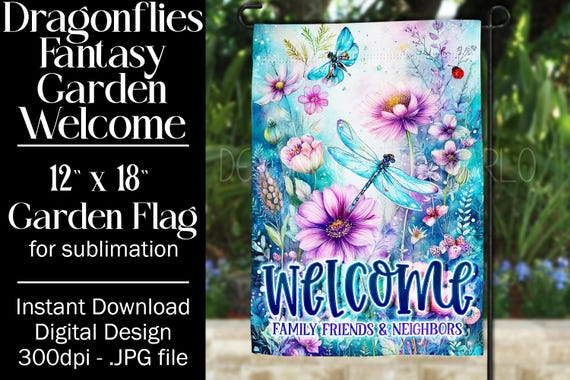 Dragonflies Garden Flag Sublimation Design, 12x18 Garden Flag, Gift for Gardener, Sublimation Garden Flag,  Floral Fantasy Garden Flag