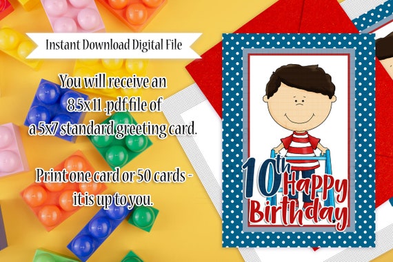 Young Capable Boy with Walker - Printable 5x7 Standard Happy 10th Birthday Greeting Card