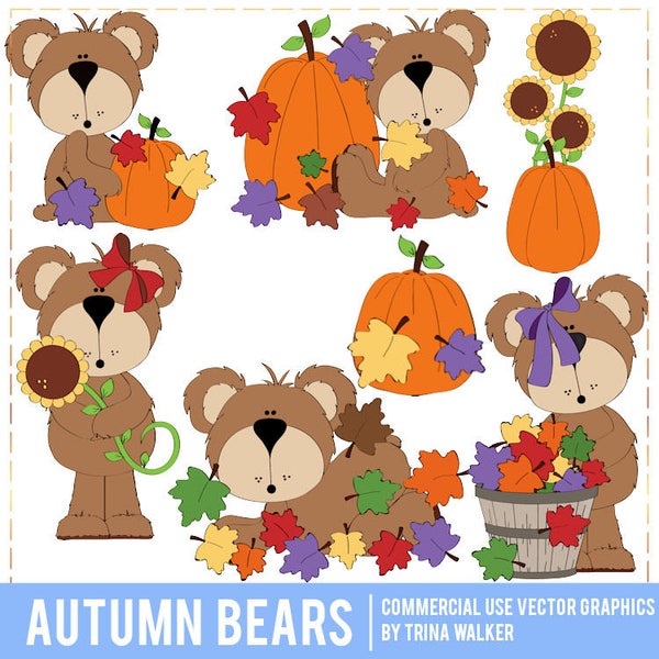 Cute Autumn Brown Bears - Vector Clipart Graphics