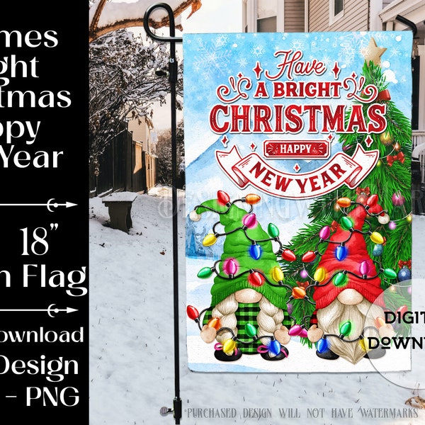 Holiday Lights Gnome Couple Garden Flag PNG - Have a Bright Christmas Garden Flag Sublimation - Christmas Gnome Garden Flag Sublimation