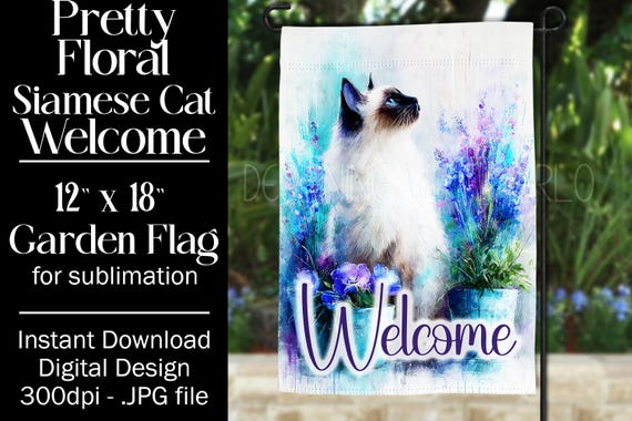 Siamese Cat Garden Flag Sublimation Design, 12x18 Garden Flag, Gift for Cat Lover, Sublimation Design,  Floral Cat Garden Flag, f4