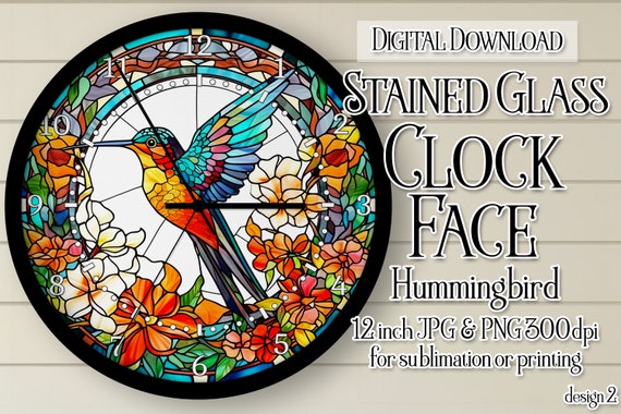 Hummingbird Wall Clock, Hummingbird Clock Face, Stained Glass Style Clock, Printable Clock Face, Sublimation Clock, DIGITAL DOWNLOAD PNG