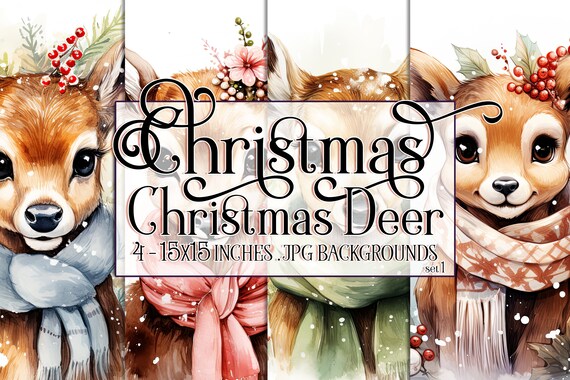 Christmas Deer Watercolor 15x15 Backgrounds, Christmas Fawn, Winter Deer Background, Holiday Deer, Deer wearing a Scarf, Sublimation Deer