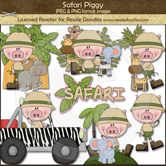 Piggy Safari Clipart - Safari Animals - Wild Animals - Outback - Jeep - Camouflague - Hippo - Giraffee - Pig - Scrappin Doodles
