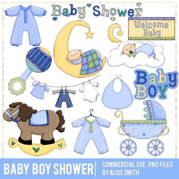 Baby Boy Shower Clipart from Alice Smith, Baby Shower, Sublimation Baby, Rocking Horse, Toys, Diaper Pin, Boy Blue, Baby on Moon,