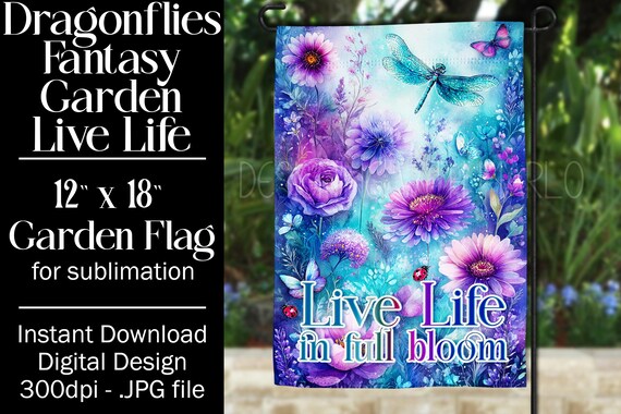 Dragonflies Garden Flag Sublimation Design, 12x18 Garden Flag, Gift for Gardener, Sublimation Garden Flag,  Floral Fantasy Garden Flag
