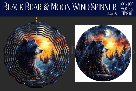 Black Bear Wind Spinner Sublimation | Black Bear & Moon Wind Spinner | Digital Design Wind Spinner | Sublimation Wind Spinner | Bear Spinner