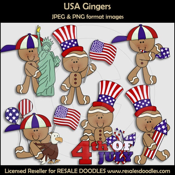USA Gingers - Gingerbread Clipart - July 4th - Fourth of July - Independence Day - Patriotic - Americana - July 4th Cookies - Resale Doodles