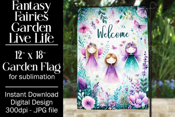 Fairies Garden Flag Sublimation Design, 12x18 Flag, Sublimation Fairy, Sublimation Garden Flag,  3 Fairies Welcome Garden Flag Background