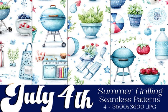 July 4th Seamless Patterns, July 4th Patterns, BBQ Patterns, July 4th Grilling, 4th of July BBQ Grilling Seamless Patterns, Cook Out Pattern