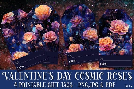Valentine's Day Gift Tags | Valentine's Day Floral Gift Tags | Valentine's Day Printable | Valentine's Day Package Sticker | Cosmic Roses