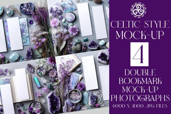 2 Bookmark Mockups, 4 Celtic Mock-Up Photos, Wiccan Mockups, Irish Mockups, Celtic Stock Photos, Flowers, Crystals, Book, Bookmark, Top View