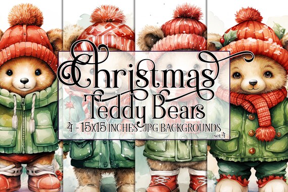 Christmas Bear Watercolor 15x15 Backgrounds, Christmas Teddy Bear, Brown Teddy Bear, Holiday Bear, Red Green, Christmas Sublimation
