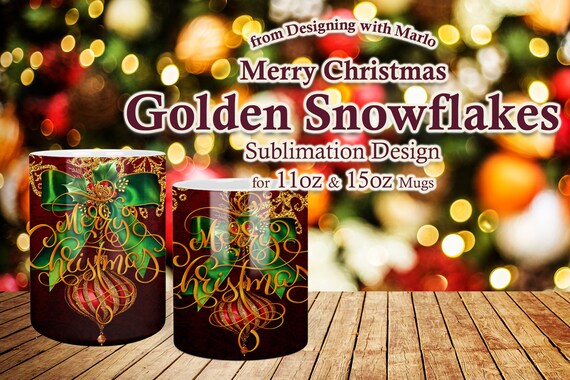Golden Snowflakes Merry Christmas 11oz and 15oz Mug Sublimation Digital Design | christmas mug | mug with snowflakes | mug wrap
