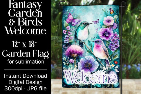 Fantasy Floral Garden Flag Sublimation Design - 12x18 Garden Flag - Gift for Gardener - Sublimation Design Garden Flag, Bird Garden Flag, 12