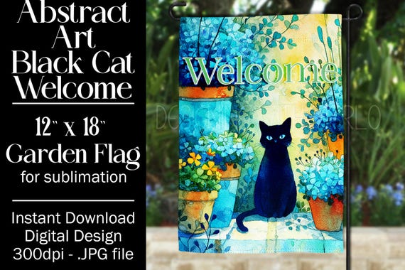 Black Cat Garden Flag Sublimation Design, 12x18 Garden Flag, Gift for Cat Lover, Sublimation Design,  Abstract Cat Garden Flag, f4