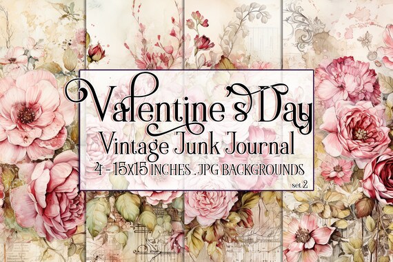 Valentine's Day, Romantic Valentine, Junk Journal Valentine, Valentine Background, Flowers, Valentine Paper, 15x15 Vintage Floral Background
