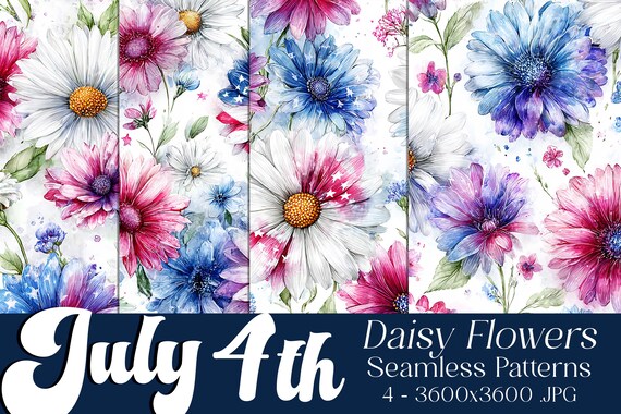 July 4th Seamless Patterns, July 4th Patterns, Daisy Patterns, July 4th Daisies, 4th of July, Country Daisy Flowers, Seamless Patterns