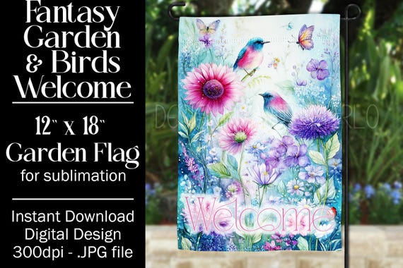 Fantasy Floral Garden Flag Sublimation Design - 12x18 Garden Flag - Gift for Gardener - Sublimation Design Garden Flag, Bird Garden Flag, d1