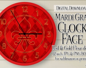 Mardi Gras Clock, Mardi Gras Clock Face, Mardi Gras Red Fleur de Lis Mask Clock, Printable Clock Face, Sublimation Clock, DIY Clock