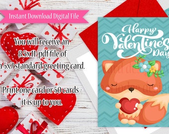 Boho Fox - Printable 5x7 Standard Happy Valentine's Day Greeting Card