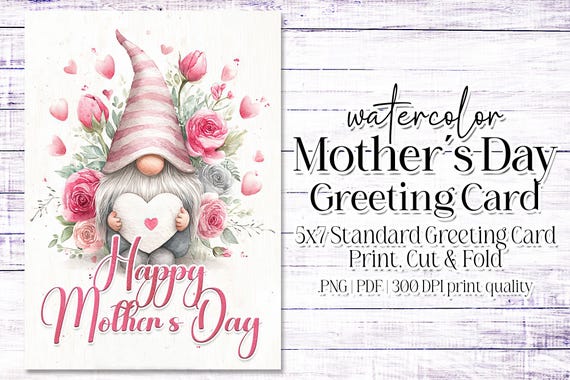 Happy Mother's Day Card - Card for Mom - Mother's Day Printable - 5"x7" - Greeting Card Printable - Watercolor Gnome Printable Card
