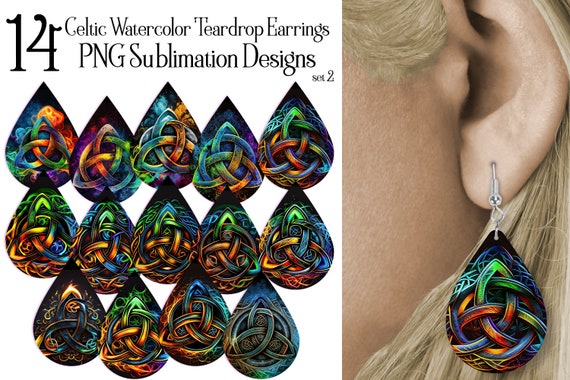 Glowing Celtic Watercolor Teardrop Earring Digital Designs, Celtic Earrings, Irish Earrings Teardrop Sublimation Designs, St Patrick's Day