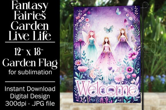 Fairies Garden Flag Sublimation Design, 12x18 Flag, Sublimation Fairy, Sublimation Garden Flag,  3 Fairies Welcome Garden Flag Background