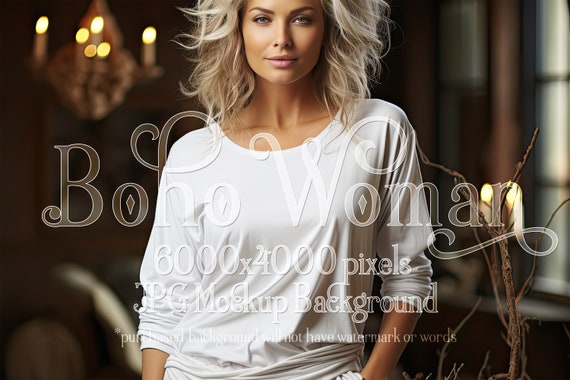 Boho Mockup | Boho Woman Mockup | AI Stock Photo Mockup | T-Shirt Mockup | Female Mockup | Older Woman Mockup | Clothing Mockup | Mature