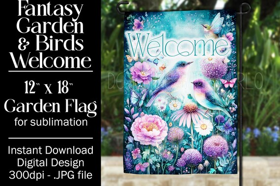 Fantasy Floral Garden Flag Sublimation Design - 12x18 Garden Flag - Gift for Gardener - Sublimation Design Garden Flag, Bird Garden Flag, d7