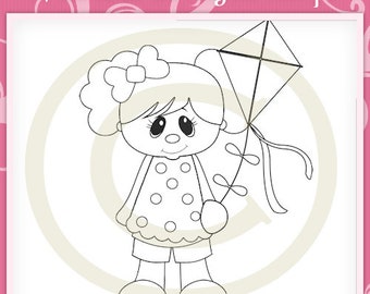 Day for Play Digital Stamp, Girl Digital Stamp, Whimsical Digital Stamp, Digi Stamp, Digital Stamp by Kristi W Designs, Girl Holding a Kite