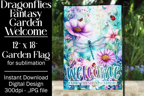 Dragonflies Garden Flag Sublimation Design, 12x18 Garden Flag, Gift for Gardener, Sublimation Garden Flag,  Floral Fantasy Garden Flag