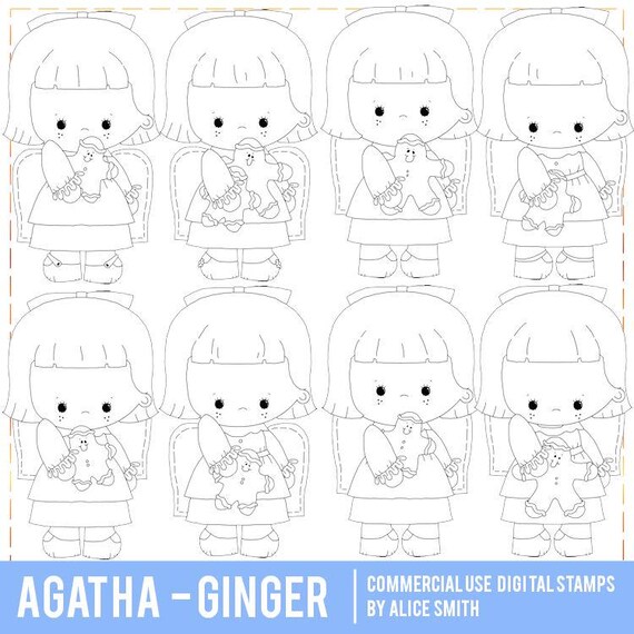 Agatha Angels Digital Stamps, Gingerbread Digital Stamps, Digi Stamps, Line Art, Coloring, Sublimation PNG, Alice Smith Digital Stamps
