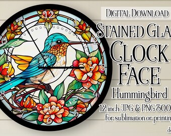 Hummingbird Wall Clock, Hummingbird Clock Face, Stained Glass Style Clock, Printable Clock Face, Sublimation Clock, DIGITAL DOWNLOAD PNG