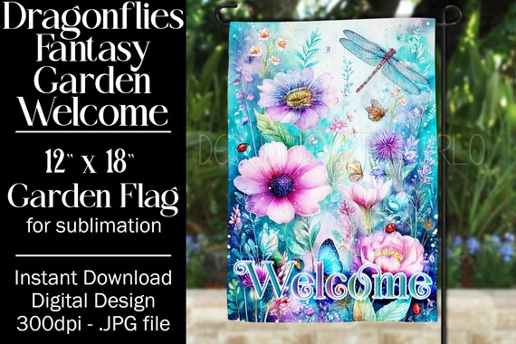 Dragonflies Garden Flag Sublimation Design, 12x18 Garden Flag, Gift for Gardener, Sublimation Garden Flag,  Floral Fantasy Garden Flag