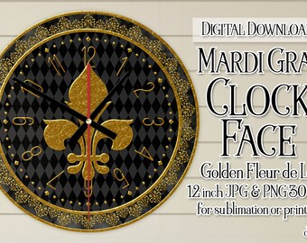 Mardi Gras Clock, Mardi Gras Clock Face, Mardi Gras Golden Fleur de Lis Clock, Printable Clock Face, Sublimation Clock, DIY Clock, d4