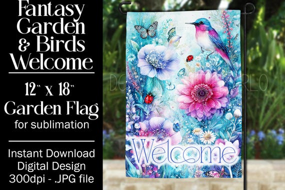 Fantasy Floral Garden Flag Sublimation Design - 12x18 Garden Flag - Gift for Gardener - Sublimation Design Garden Flag, Bird Garden Flag, d3